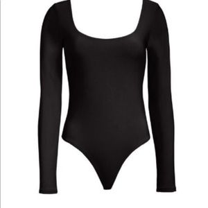 Leith Black Double Scoop Long Sleeve Thong Bodysuit New Sizes Small & Medium
